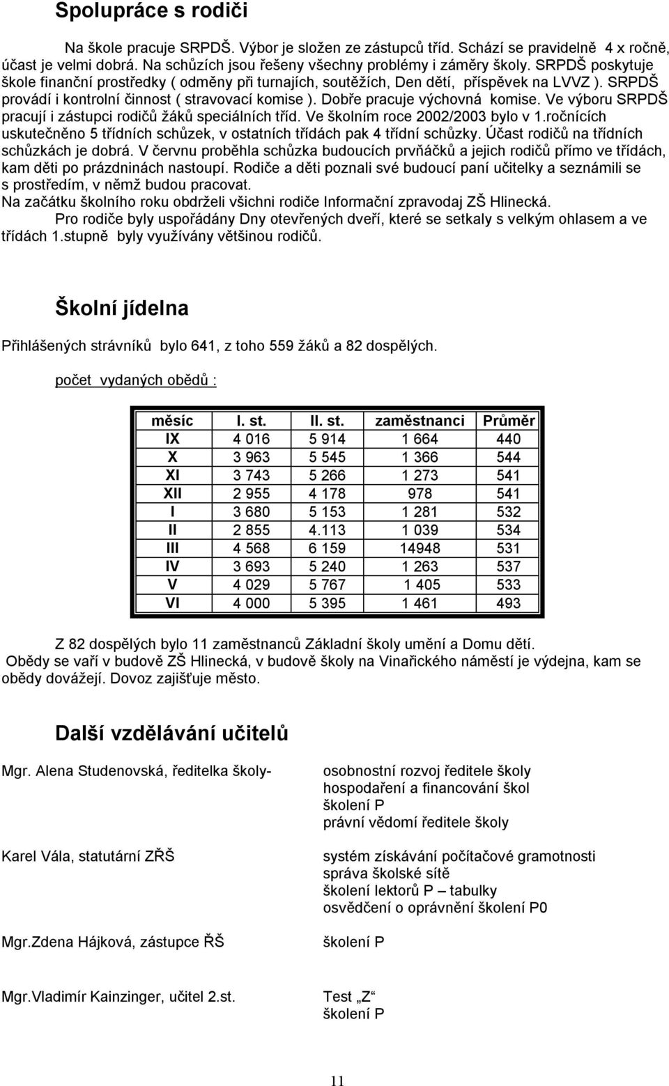 Ve výboru SRPDŠ pracují i zástupci rodičů žáků speciálních tříd. Ve školním roce 2002/2003 bylo v 1.ročnících uskutečněno 5 třídních schůzek, v ostatních třídách pak 4 třídní schůzky.