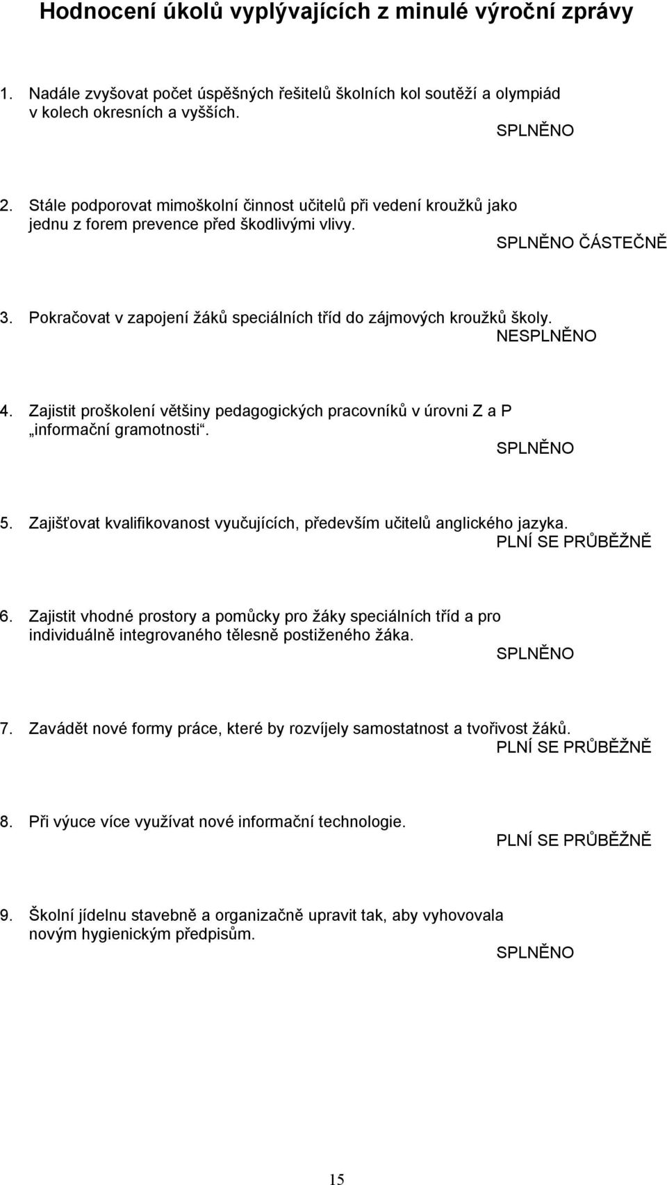 Pokračovat v zapojení žáků speciálních tříd do zájmových kroužků školy. NESPLNĚNO 4. Zajistit proškolení většiny pedagogických pracovníků v úrovni Z a P informační gramotnosti. SPLNĚNO 5.