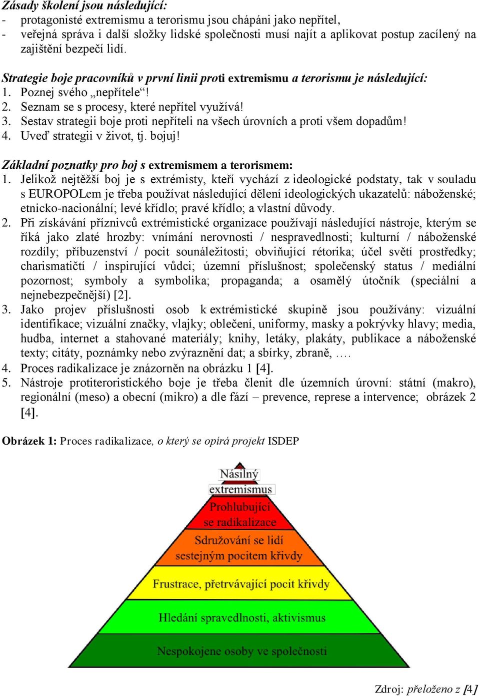 Sestav strategii boje proti nepříteli na všech úrovních a proti všem dopadům! 4. Uveď strategii v život, tj. bojuj! Základní poznatky pro boj s extremismem a terorismem: 1.