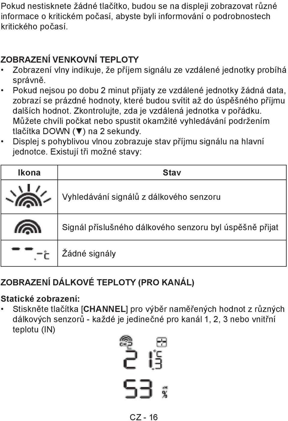 Pokud nejsou po dobu 2 minut přijaty ze vzdálené jednotky žádná data, zobrazí se prázdné hodnoty, které budou svítit až do úspěšného příjmu dalších hodnot.