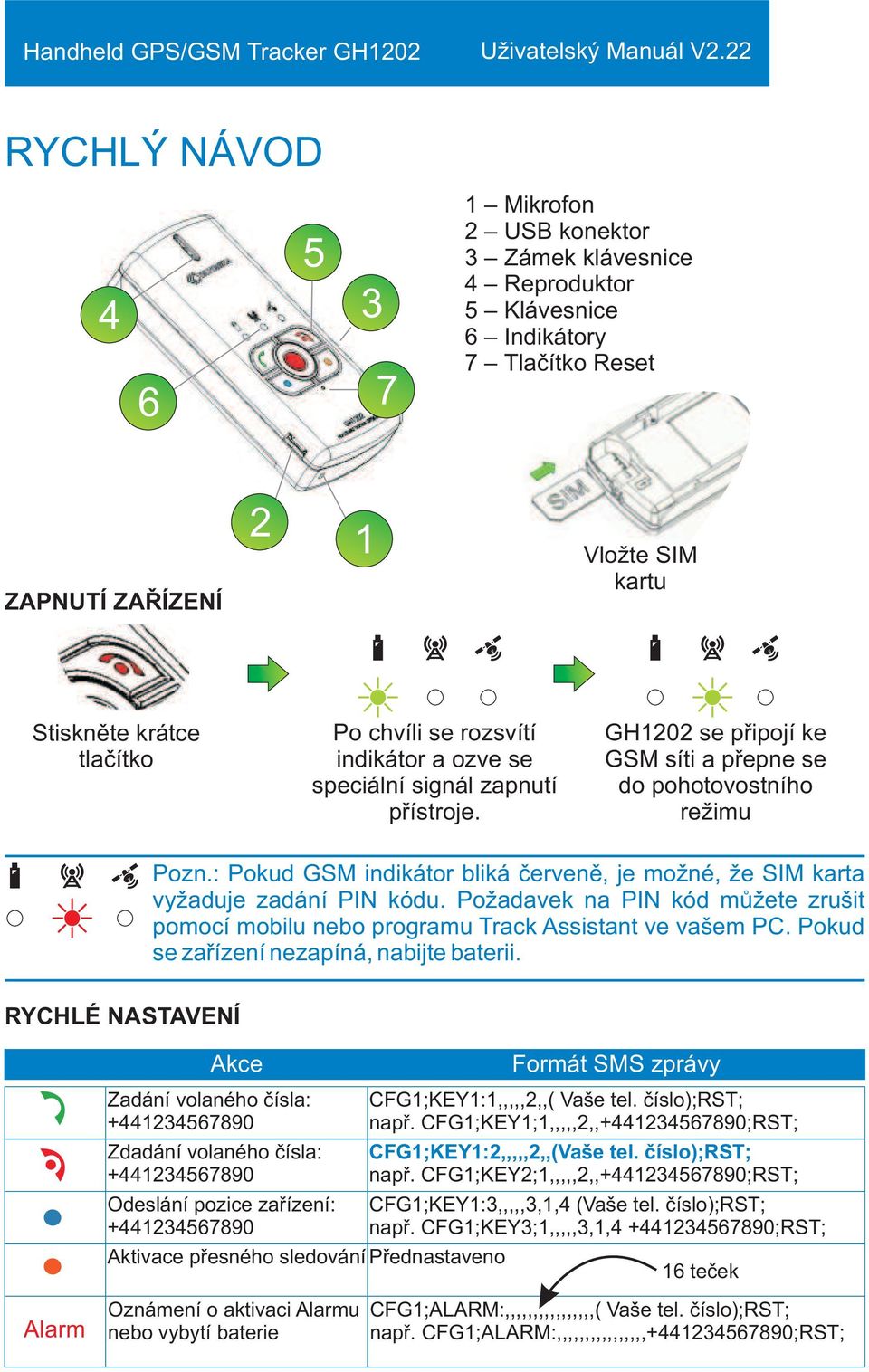 : Pokud GSM indikátor bliká èervenì, je možné, že SIM karta vyžaduje zadání PIN kódu. Požadavek na PIN kód mùžete zrušit pomocí mobilu nebo programu Track Assistant ve vašem PC.