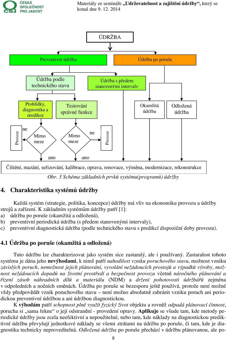 3 Schéma základních prvků systému(programů údržby 4. Charakteristika systémů údržby Každá systém (strategie, politika, koncepce údržby má vliv na ekonomiku provozu a údržby strojů a zařízení.