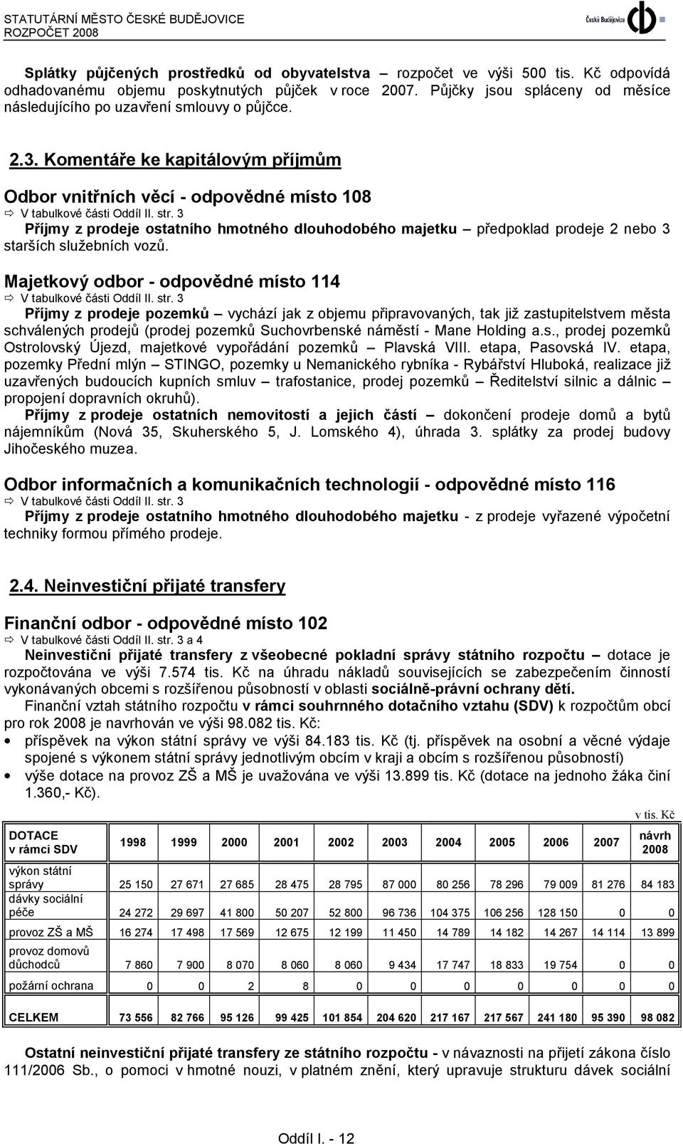 3 Příjmy z prodeje ostatního hmotného dlouhodobého majetku předpoklad prodeje 2 nebo 3 starších služebních vozů. Majetkový odbor - odpovědné místo 114 V tabulkové části Oddíl II. str.