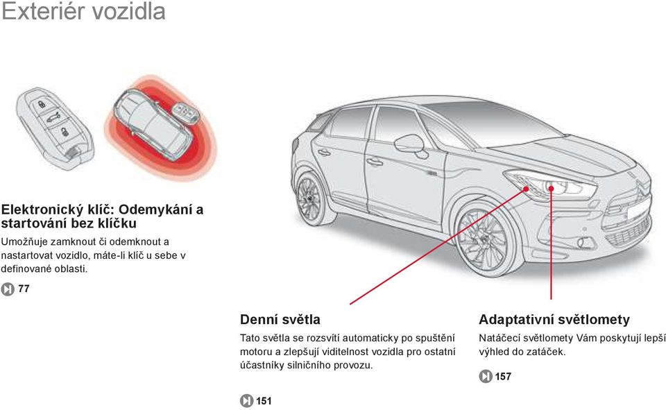 77 Denní sv tla Tato světla se rozsvítí automaticky po spuštění motoru a zlepšují viditelnost