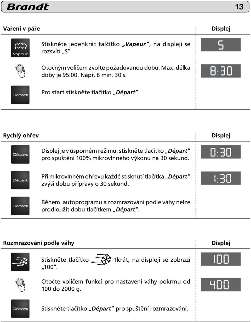 Při mikrovlnném ohřevu každé stisknutí tlačítka Départ zvýši dobu přípravy o 30 sekund. Během autoprogramu a rozmrazování podle váhy nelze prodloužit dobu tlačítkem Départ.