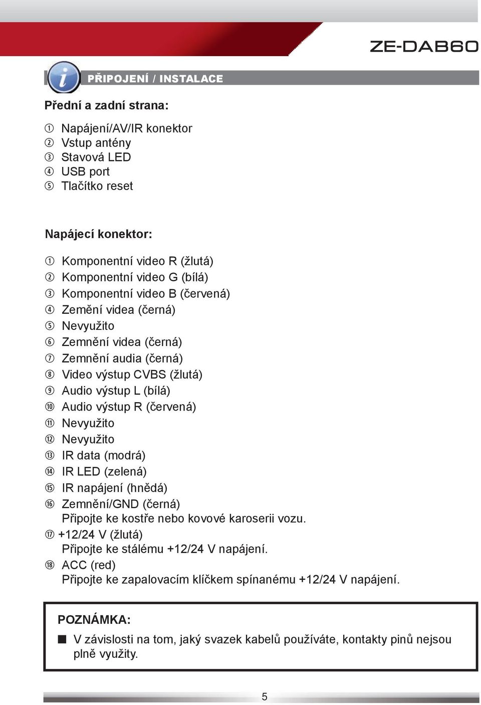 (červená) 11 Nevyužito 12 Nevyužito 13 IR data (modrá) 14 IR LED (zelená) 15 IR napájení (hnědá) 16 Zemnění/GND (černá) Připojte ke kostře nebo kovové karoserii vozu.