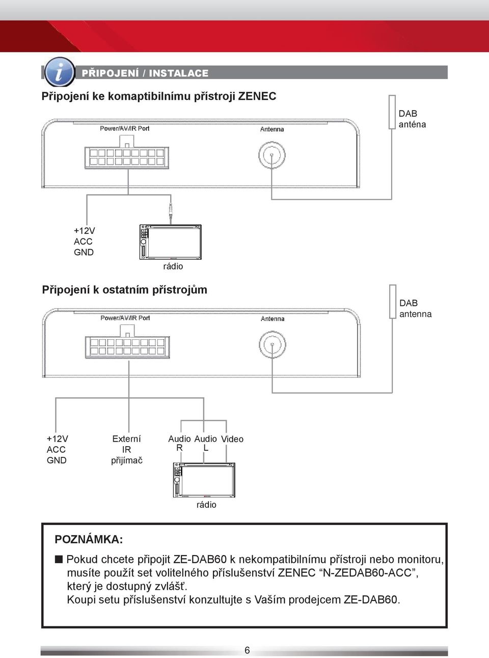 chcete připojit ZE-DAB60 k nekompatibilnímu přístroji nebo monitoru, musíte použít set volitelného