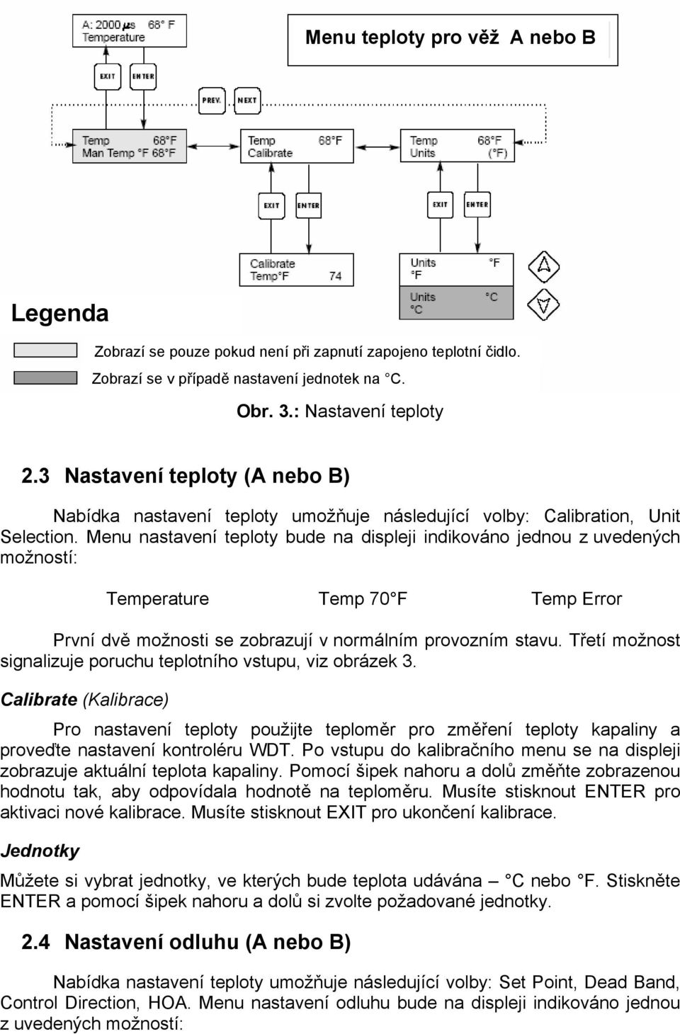 Menu nastavení teploty bude na displeji indikováno jednou z uvedených možností: Temperature Temp 70 F Temp Error První dvě možnosti se zobrazují v normálním provozním stavu.