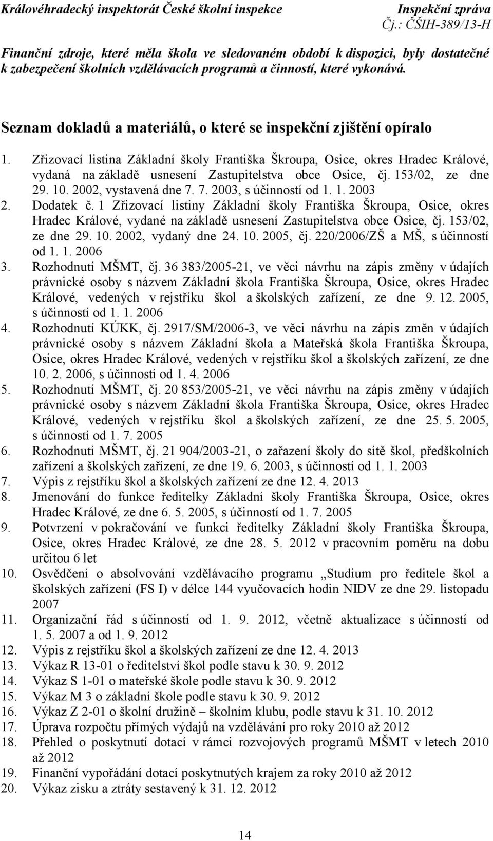 Zřizovací listina Základní školy Františka Škroupa, Osice, okres Hradec Králové, vydaná na základě usnesení Zastupitelstva obce Osice, čj. 153/02, ze dne 29. 10. 2002, vystavená dne 7.