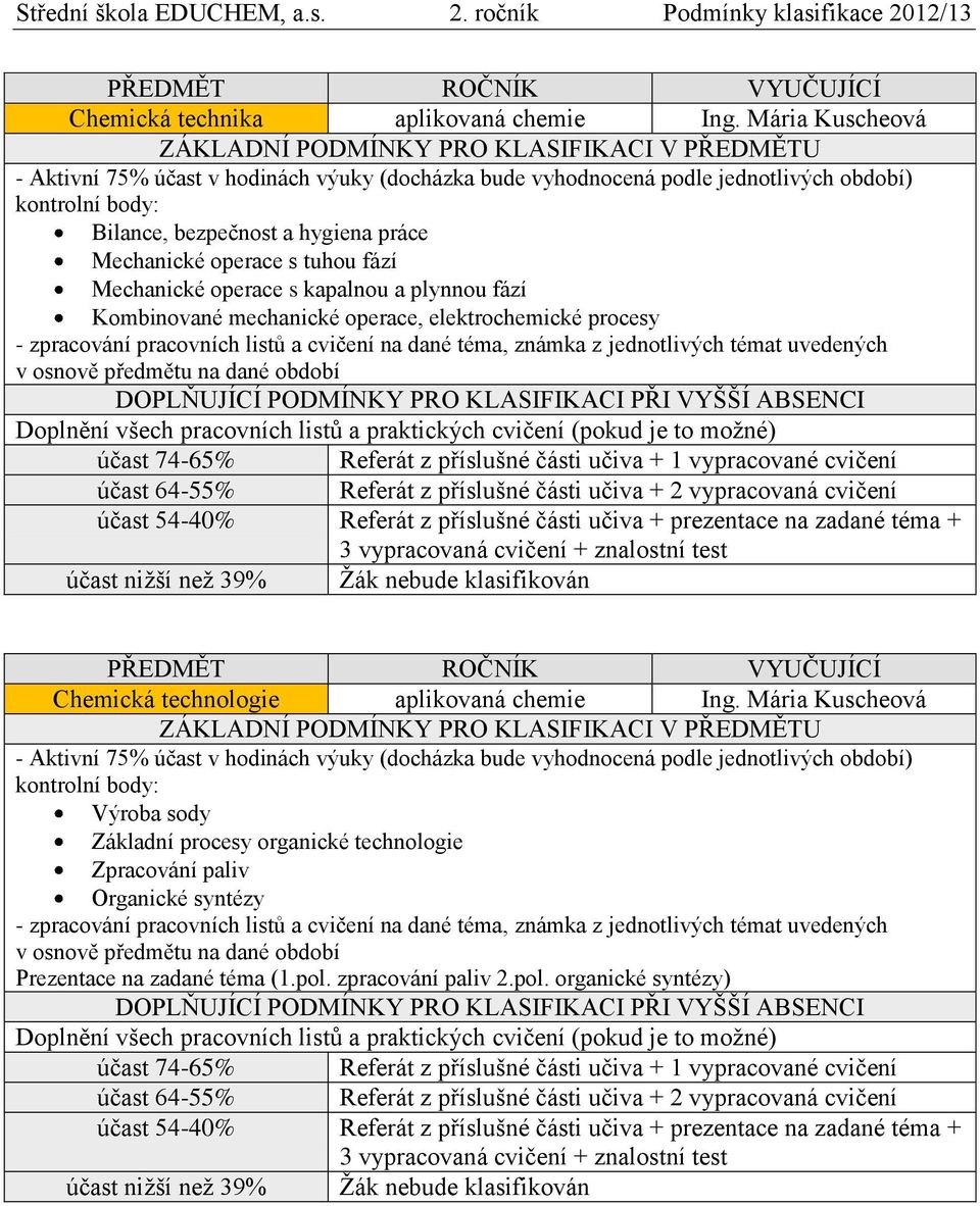 Mechanické operace s kapalnou a plynnou fází Kombinované mechanické operace, elektrochemické procesy - zpracování pracovních listů a cvičení na dané téma, známka z jednotlivých témat uvedených v