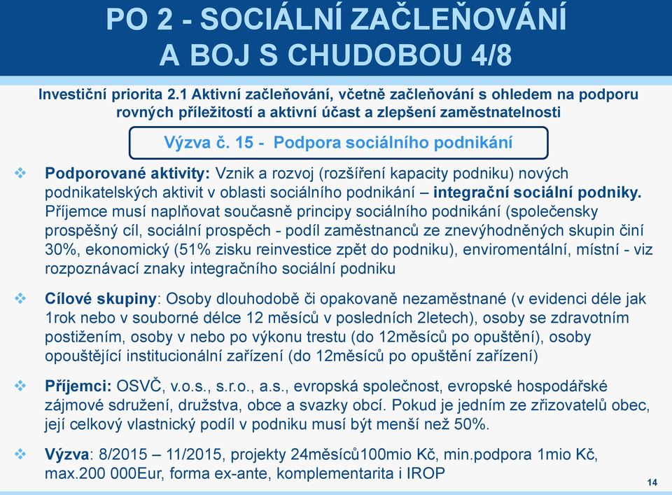 15 - Podpora sociálního podnikání Podporované aktivity: Vznik a rozvoj (rozšíření kapacity podniku) nových podnikatelských aktivit v oblasti sociálního podnikání integrační sociální podniky.