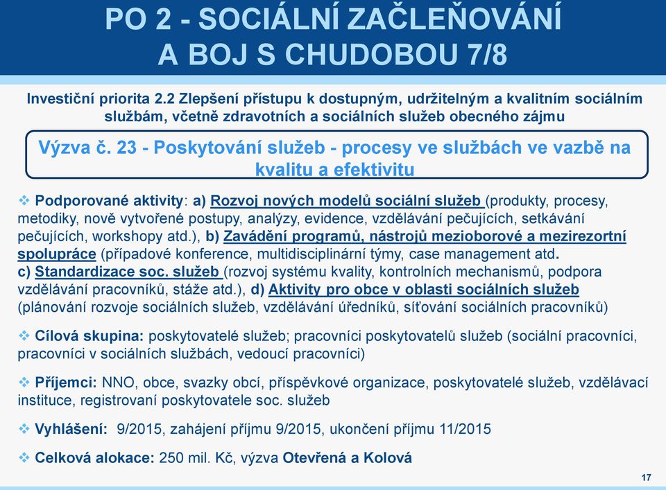 23 - Poskytování služeb - procesy ve službách ve vazbě na kvalitu a efektivitu Podporované aktivity: a) Rozvoj nových modelů sociální služeb (produkty, procesy, metodiky, nově vytvořené postupy,