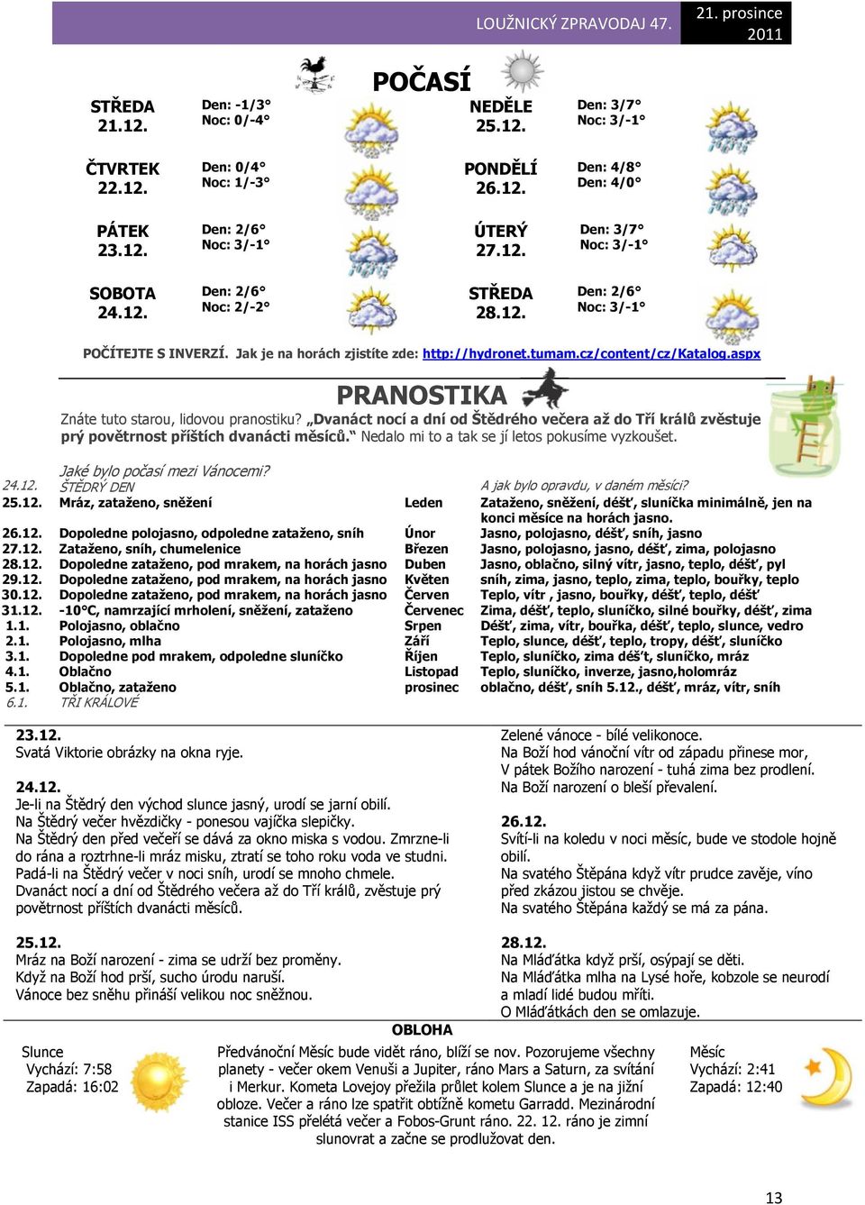 aspx PRANOSTIKA Znáte tuto starou, lidovou pranostiku? Dvanáct nocí a dní od Štědrého večera až do Tří králů zvěstuje prý povětrnost příštích dvanácti měsíců.