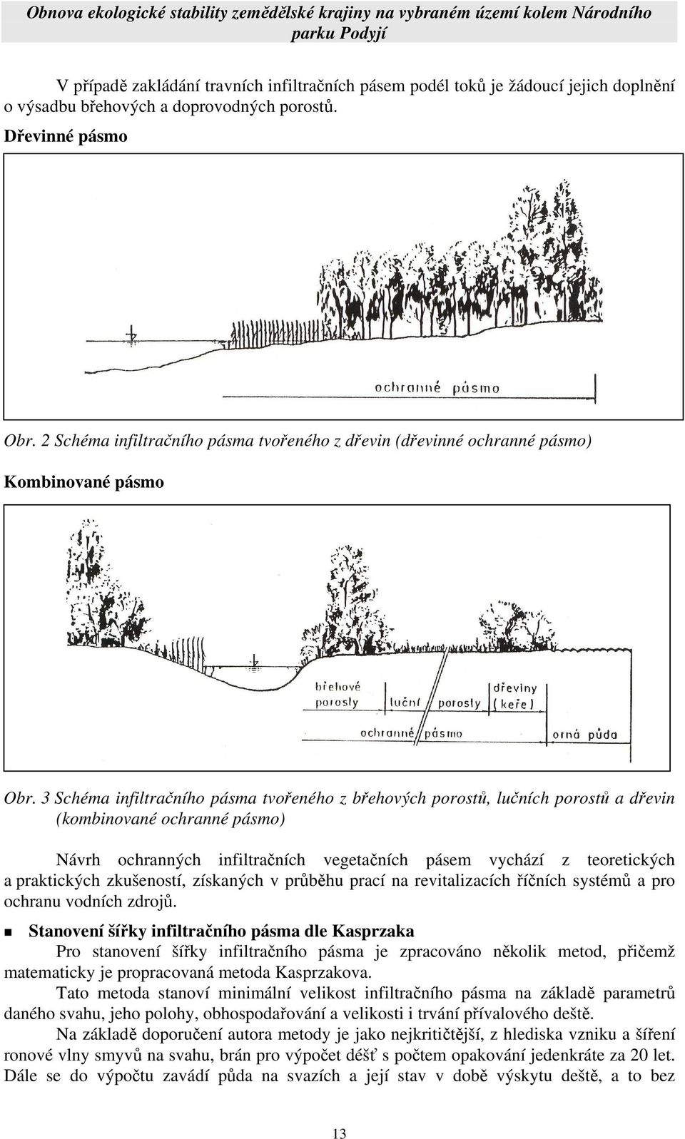 3 Schéma infiltračního pásma tvořeného z břehových porostů, lučních porostů a dřevin (kombinované ochranné pásmo) Návrh ochranných infiltračních vegetačních pásem vychází z teoretických a praktických