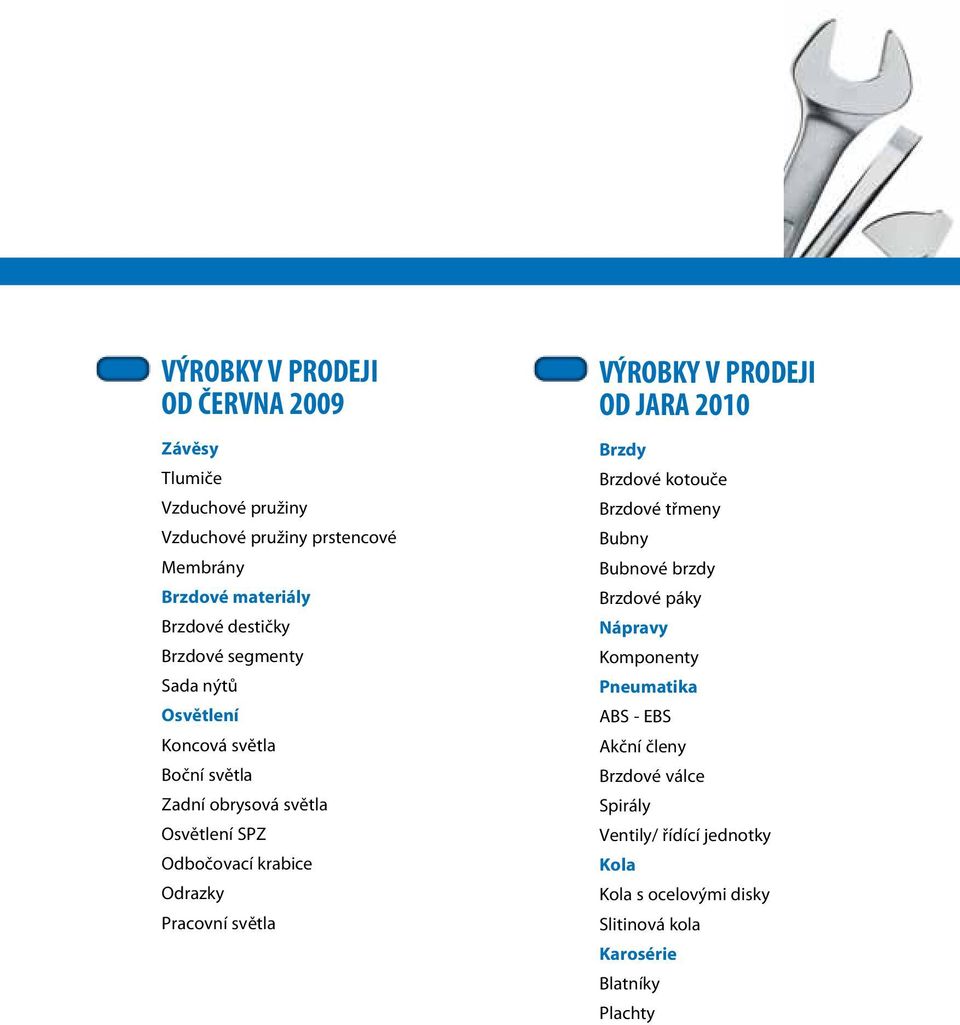 Pracovní světla VÝROBKY V PRODEJI OD JARA 2010 Brzdy Brzdové kotouče Brzdové třmeny Bubny Bubnové brzdy Brzdové páky Nápravy Komponenty
