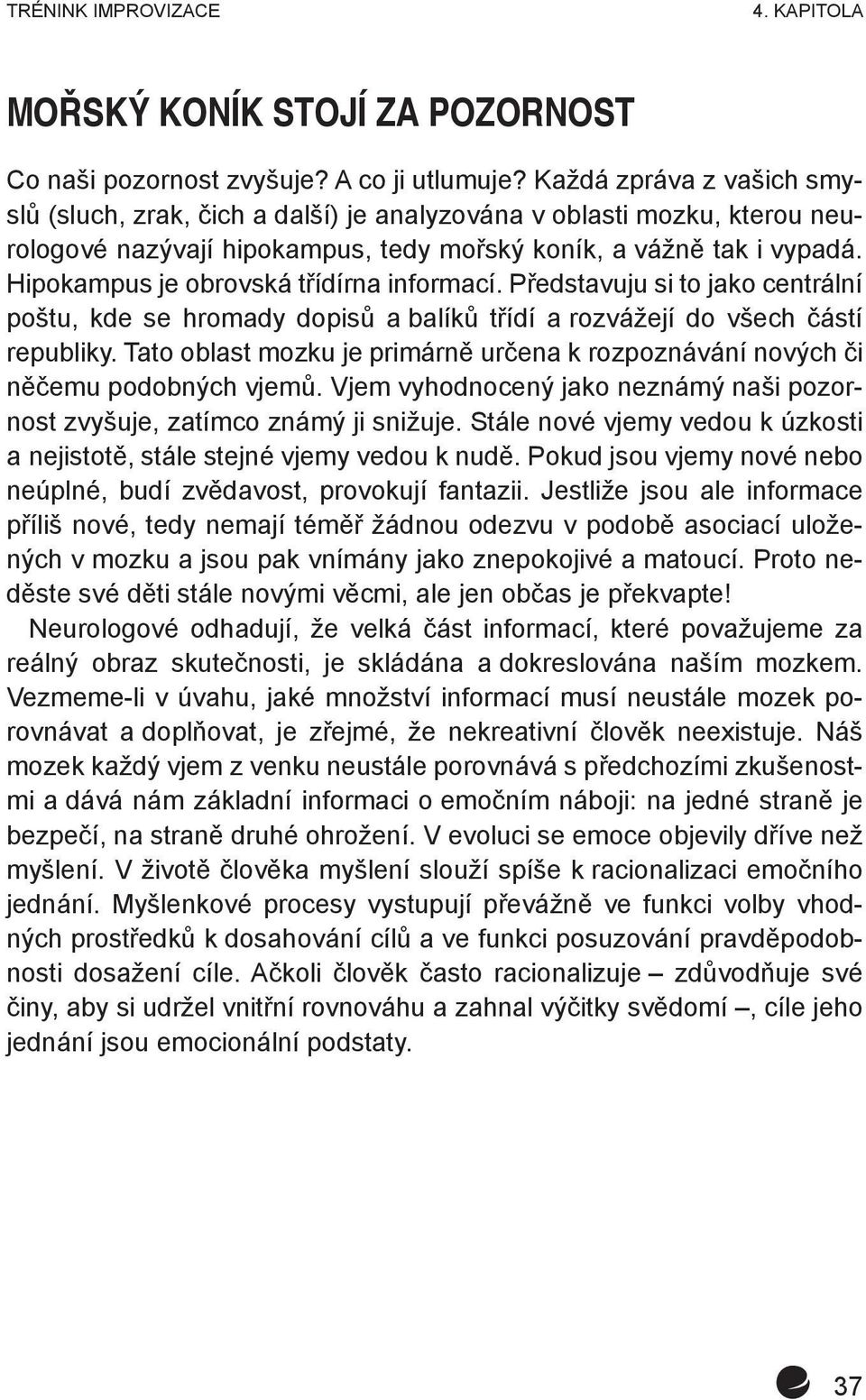 Hipokampus je obrovská třídírna informací. Představuju si to jako centrální poštu, kde se hromady dopisů a balíků třídí a rozvážejí do všech částí republiky.