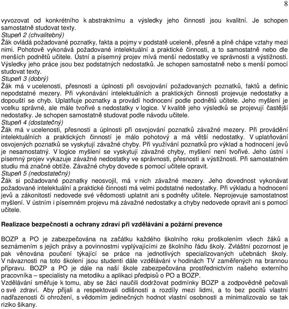 Pohotově vykonává požadované intelektuální a praktické činnosti, a to samostatně nebo dle menších podnětů učitele. Ústní a písemný projev mívá menší nedostatky ve správnosti a výstižnosti.