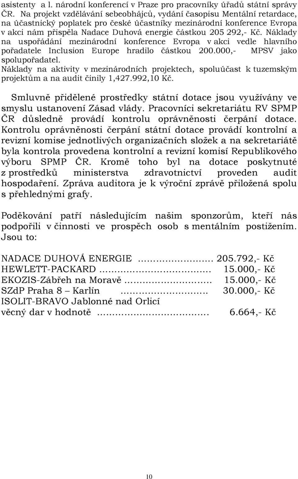 292,- Kč. Náklady na uspořádání mezinárodní konference Evropa v akci vedle hlavního pořadatele Inclusion Europe hradilo částkou 200.000,- MPSV jako spolupořadatel.