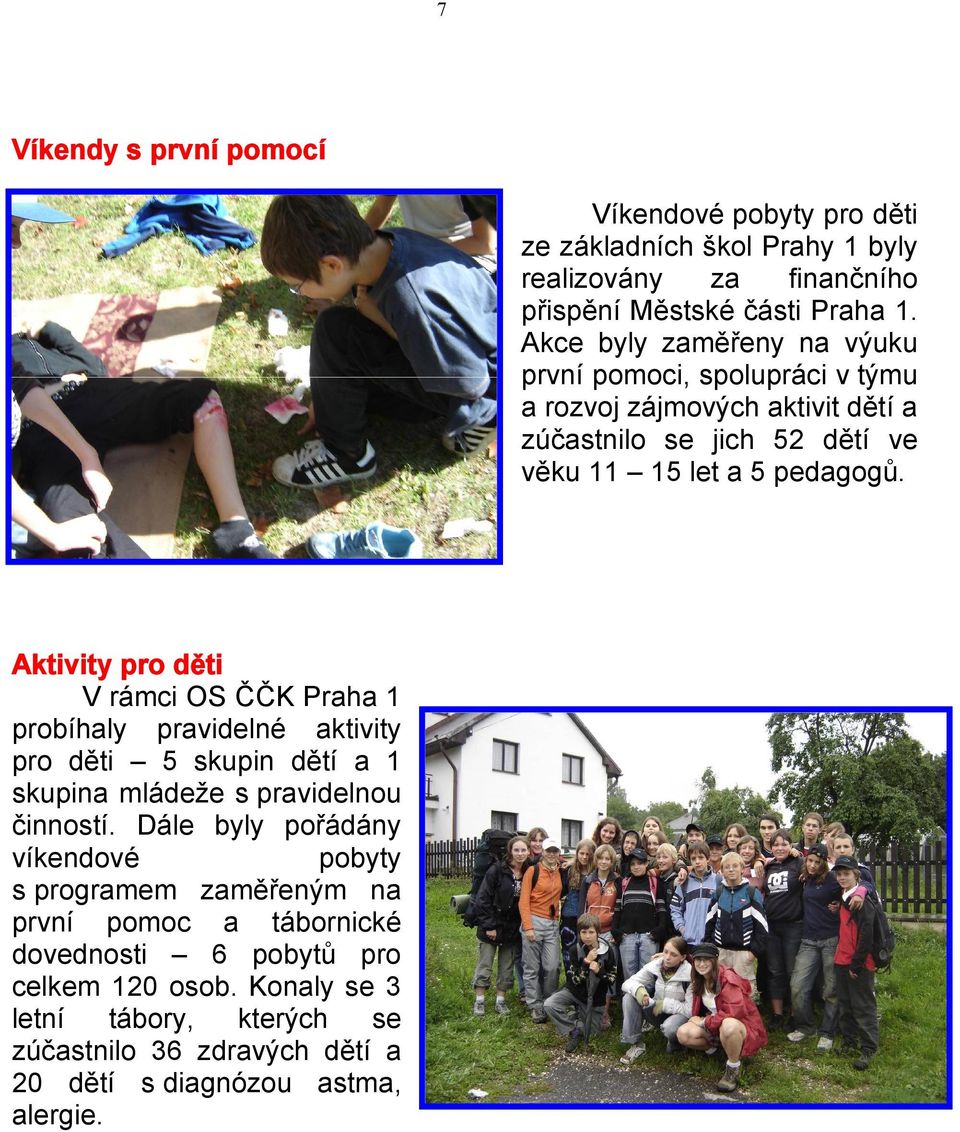 Aktivity pro děti V rámci OS ČČK Praha 1 probíhaly pravidelné aktivity pro děti 5 skupin dětí a 1 skupina mládeže s pravidelnou činností.