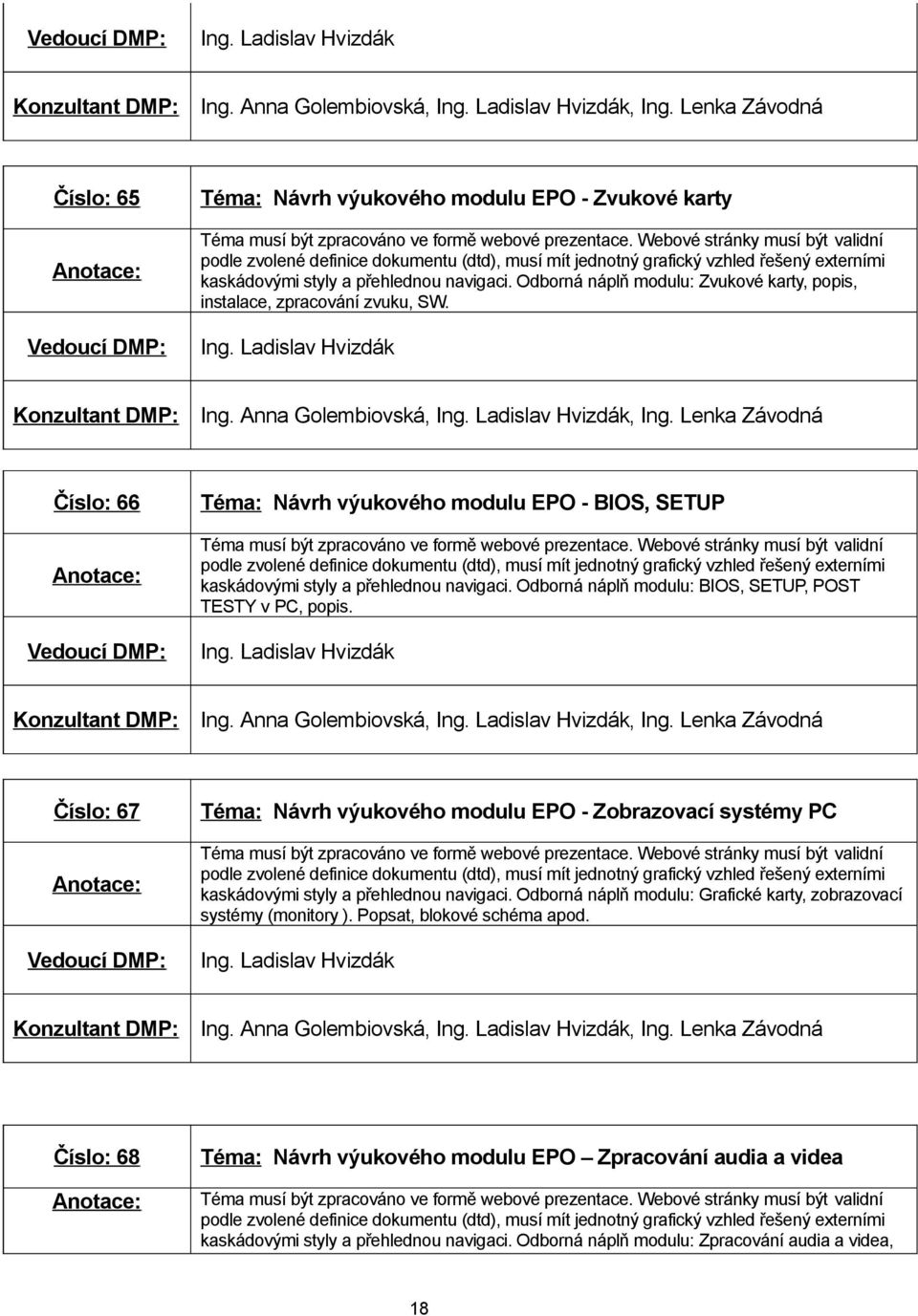 Číslo: 67 Téma: Návrh výukového modulu EPO - Zobrazovací systémy PC kaskádovými styly a přehlednou navigaci.