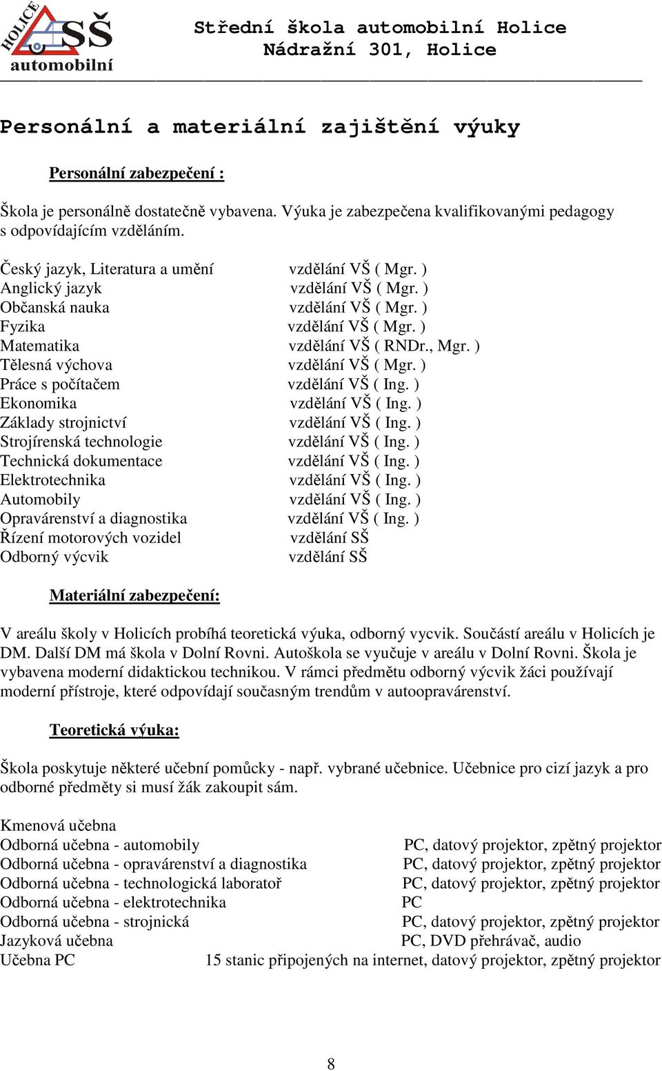 ) Tělesná výchova vzdělání VŠ ( Mgr. ) Práce s počítačem vzdělání VŠ ( Ing. ) Ekonomika vzdělání VŠ ( Ing. ) Základy strojnictví vzdělání VŠ ( Ing. ) Strojírenská technologie vzdělání VŠ ( Ing.