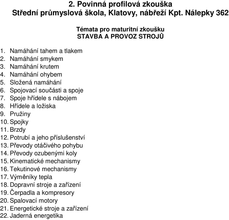 Potrubí a jeho příslušenství 13. Převody otáčivého pohybu 14. Převody ozubenými koly 15. Kinematické mechanismy 16. Tekutinové mechanismy 17.