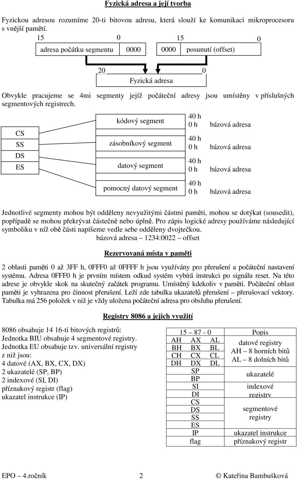 CS SS DS ES kódový segment zásobníkový segment datový segment 40 h 0 h bázová adresa 40 h 0 h bázová adresa 40 h 0 h bázová adresa pomocný datový segment 40 h 0 h bázová adresa Jednotlivé segmenty