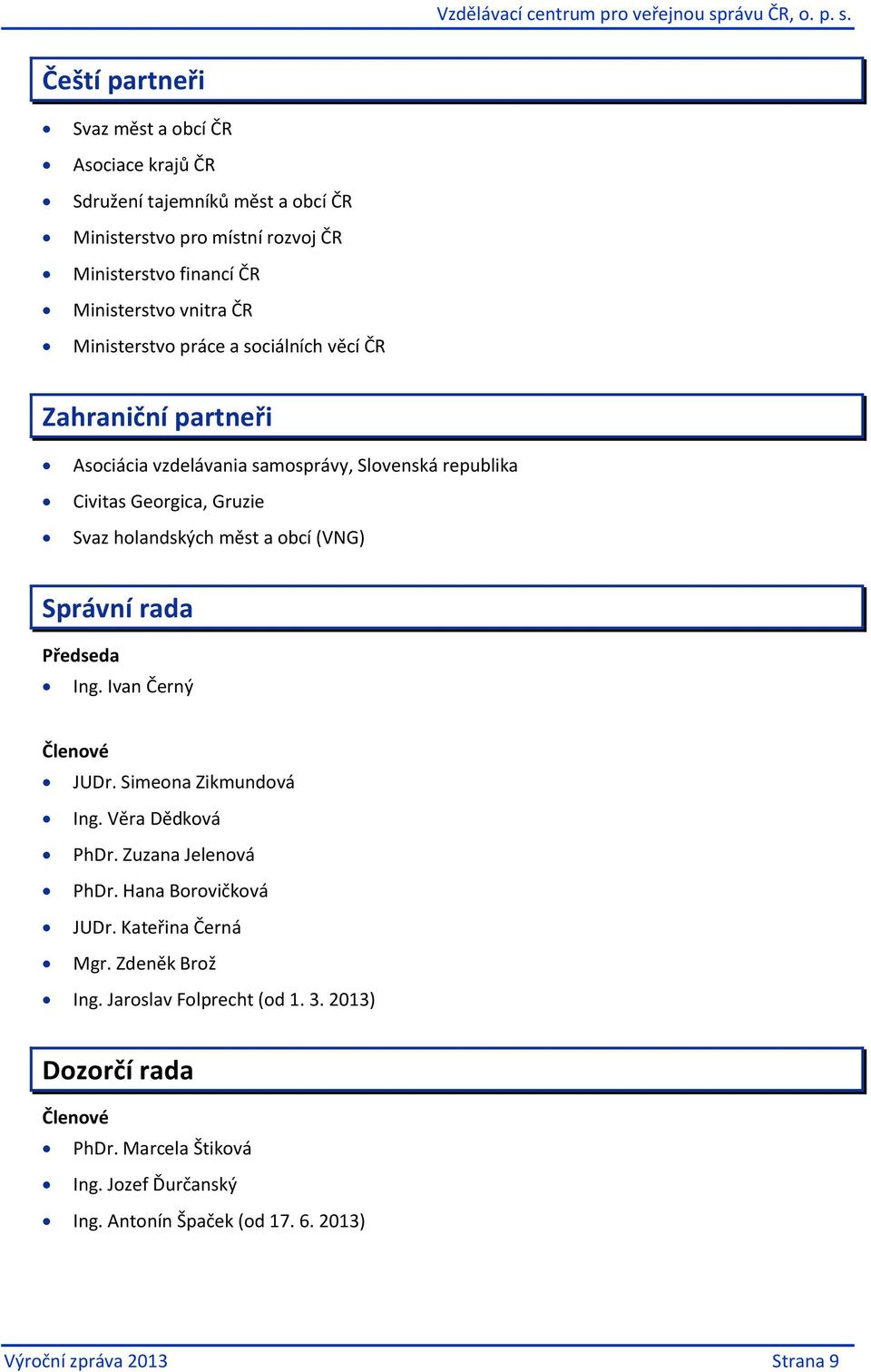 (VNG) Správní rada Předseda Ing. Ivan Černý Členové JUDr. Simeona Zikmundová Ing. Věra Dědková PhDr. Zuzana Jelenová PhDr. Hana Borovičková JUDr. Kateřina Černá Mgr.