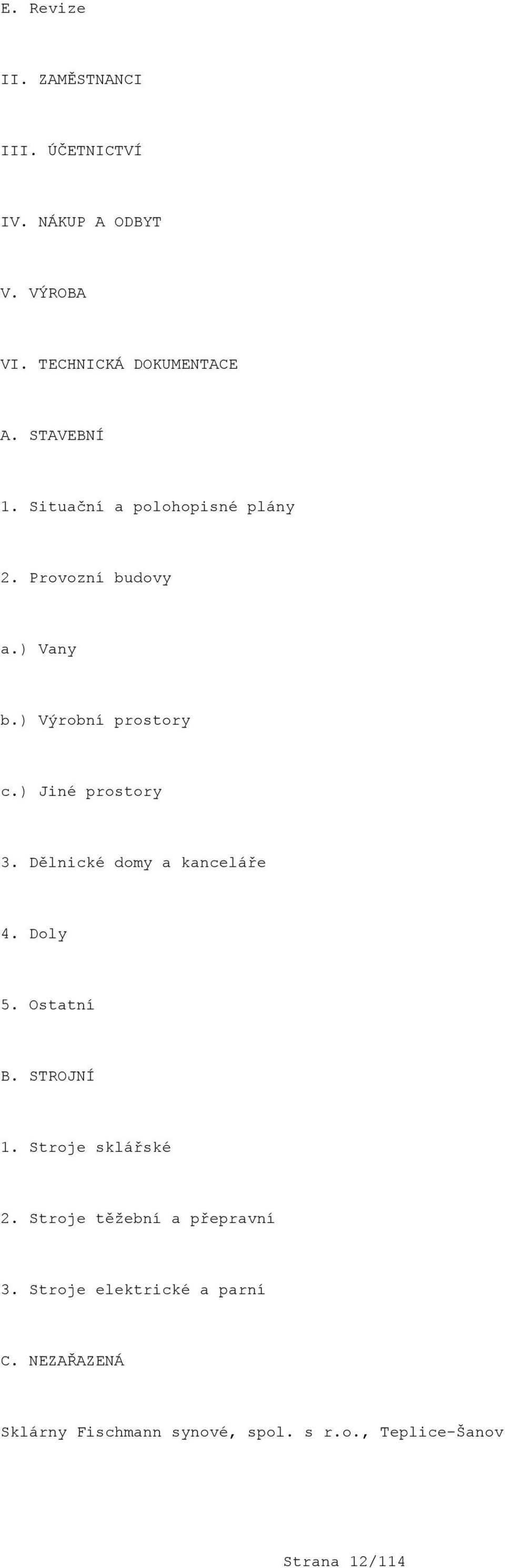 ) Jiné prostory 3. Dělnické domy a kanceláře 4. Doly 5. Ostatní B. STROJNÍ 1. Stroje sklářské 2.