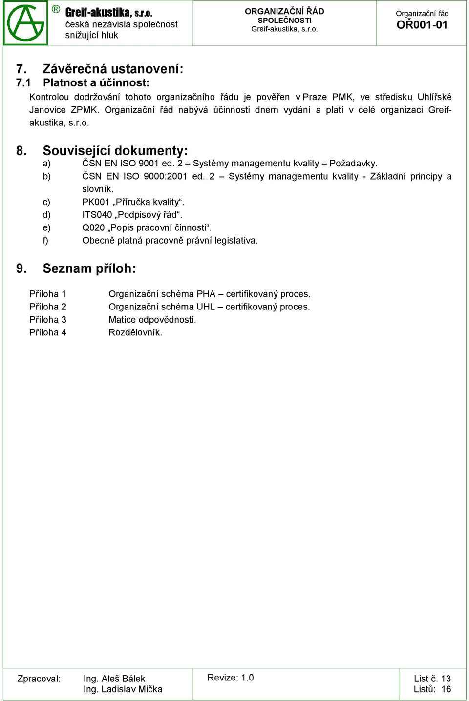 b) ČSN EN ISO 9000:2001 ed. 2 Systémy managementu kvality - Základní principy a slovník. c) PK001 Příručka kvality. d) ITS040 Podpisový řád. e) Q020 Popis pracovní činnosti.