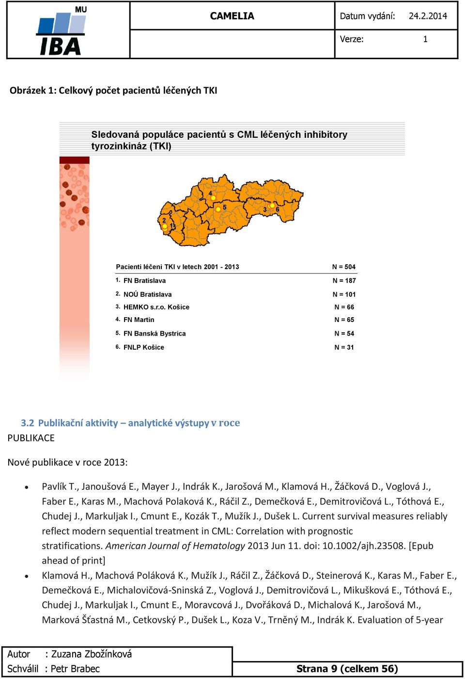 2 Publikační aktivity analytické výstupy v roce PUBLIKACE Nové publikace v roce 2013: Pavlík T., Janoušová E., Mayer J., Indrák K., Jarošová M., Klamová H., Žáčková D., Voglová J., Faber E., Karas M.