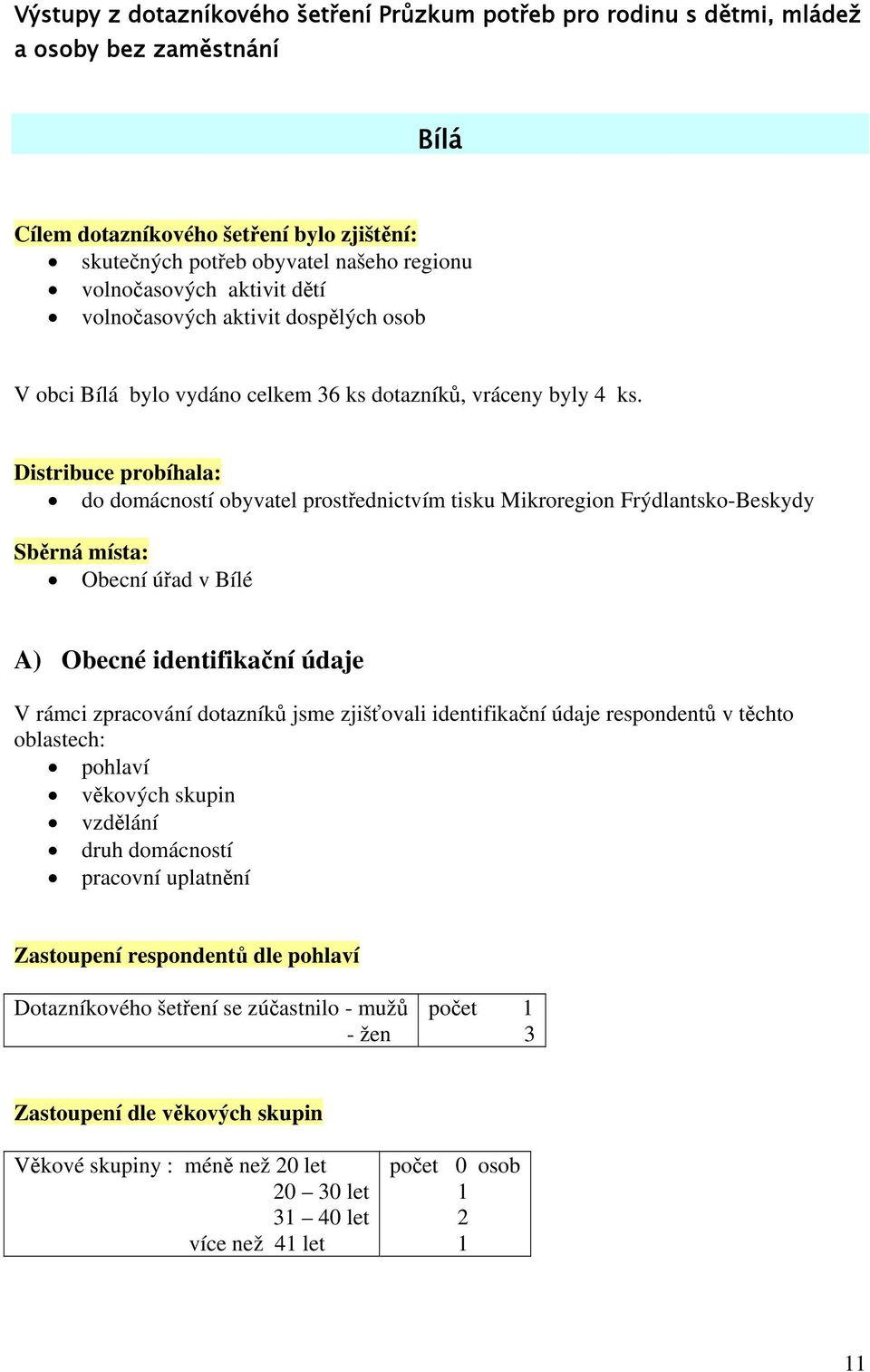 Distribuce probíhala: do domácností obyvatel prostřednictvím tisku Mikroregion Frýdlantsko-Beskydy Sběrná místa: Obecní úřad v Bílé A) Obecné identifikační údaje V rámci zpracování dotazníků jsme