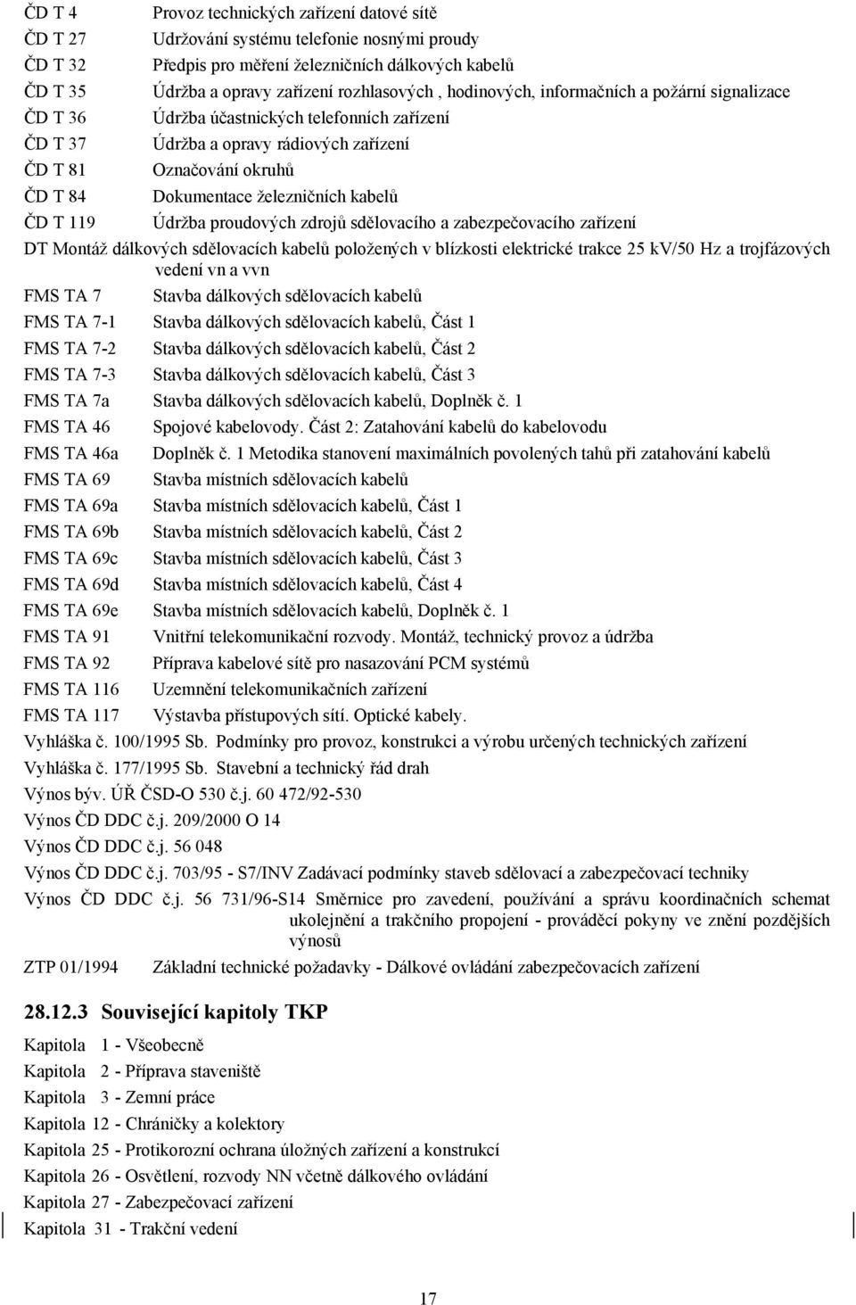 železničních kabelů ČD T 119 Údržba proudových zdrojů sdělovacího a zabezpečovacího zařízení DT Montáž dálkových sdělovacích kabelů položených v blízkosti elektrické trakce 25 kv/50 Hz a trojfázových