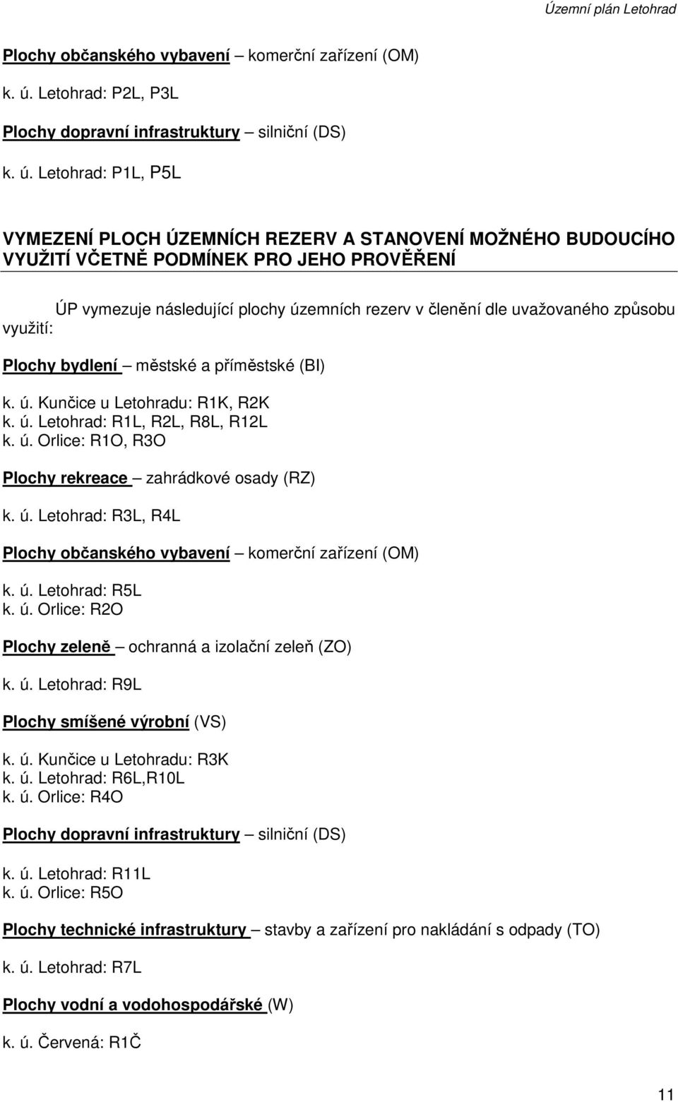 Letohrad: P1L, P5L VYMEZENÍ PLOCH ÚZEMNÍCH REZERV A STANOVENÍ MOŽNÉHO BUDOUCÍHO VYUŽITÍ VČETNĚ PODMÍNEK PRO JEHO PROVĚŘENÍ ÚP vymezuje následující plochy územních rezerv v členění dle uvažovaného