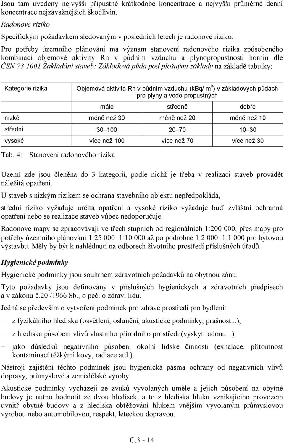 Pro potřeby územního plánování má význam stanovení radonového rizika způsobeného kombinací objemové aktivity Rn v půdním vzduchu a plynopropustnosti hornin dle ČSN 73 1001 Zakládání staveb: Základová