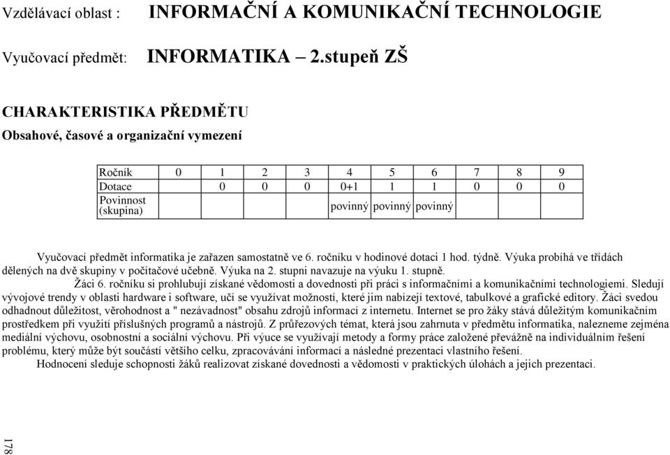 informatika je zařazen samostatně ve 6. ročníku v hodinové dotaci 1 hod. týdně. Výuka probíhá ve třídách dělených na dvě skupiny v počítačové učebně. Výuka na 2. stupni navazuje na výuku 1. stupně.