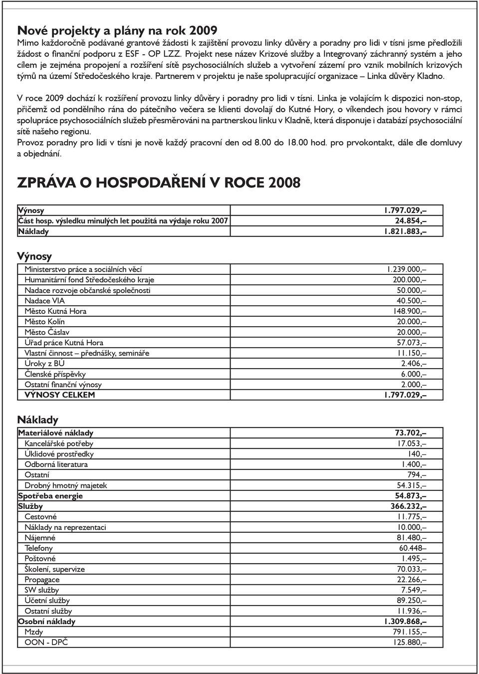 území Středočeského kraje. Partnerem v projektu je naše spolupracující organizace Linka důvěry Kladno. V roce 2009 dochází k rozšíření provozu linky důvěry i poradny pro lidi v tísni.