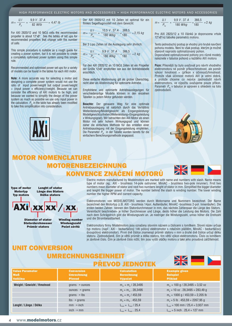 create a completely optimised power system using this simple rule. Recommended and optimised power set ups for a variety of models can be found in the tables for each AXI motor.