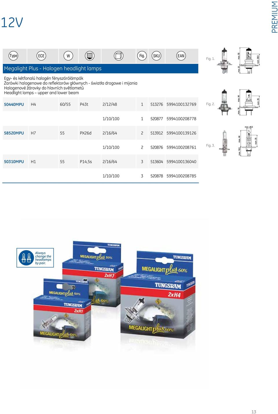 mijania Halogenové žárovky do hlavních světlometů Headlight lamps upper and lower beam 50440MPU H4 60/55 P43t 2/12/48 1 513276 5994100132769 Fig.