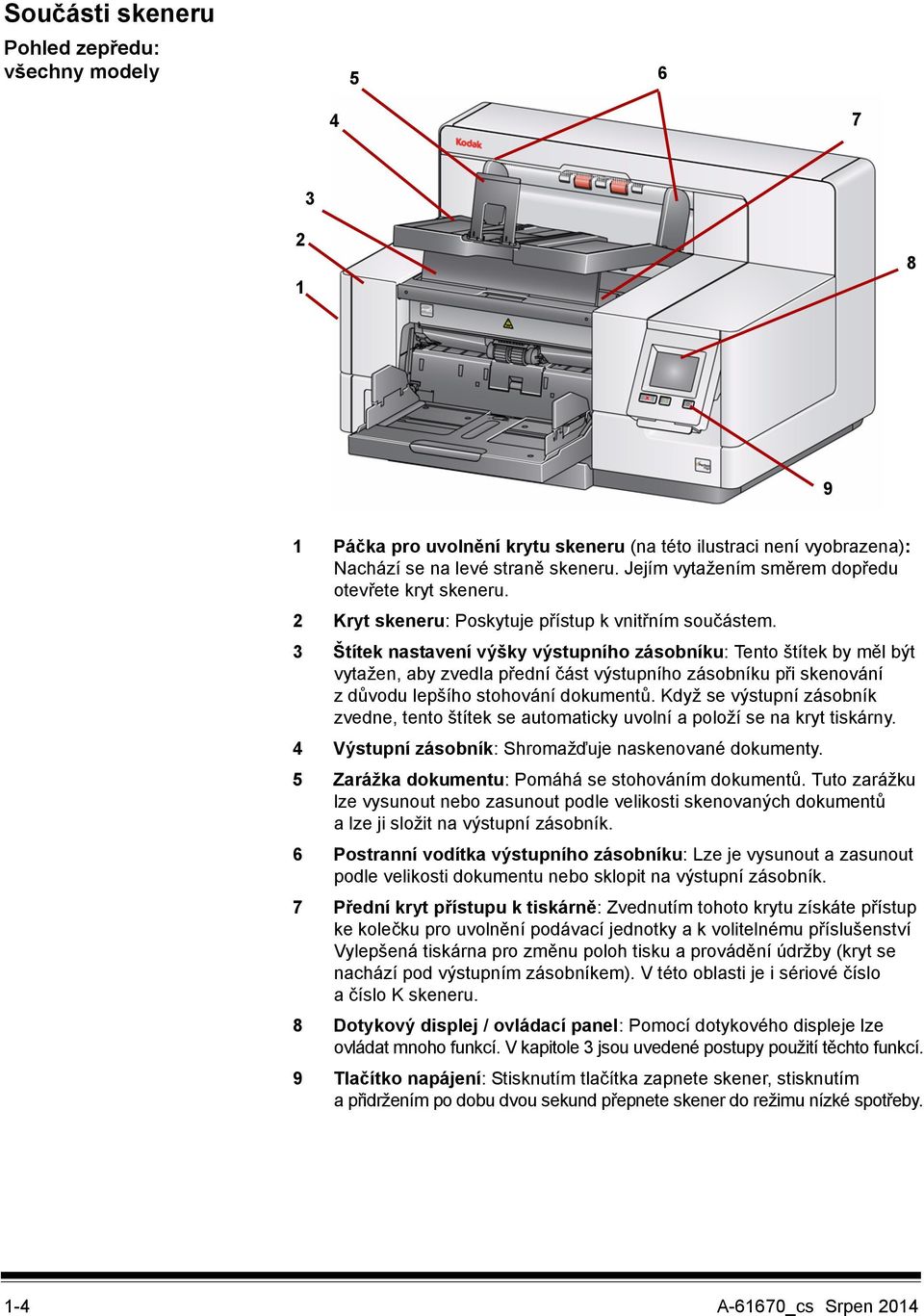 3 Štítek nastavení výšky výstupního zásobníku: Tento štítek by měl být vytažen, aby zvedla přední část výstupního zásobníku při skenování z důvodu lepšího stohování dokumentů.