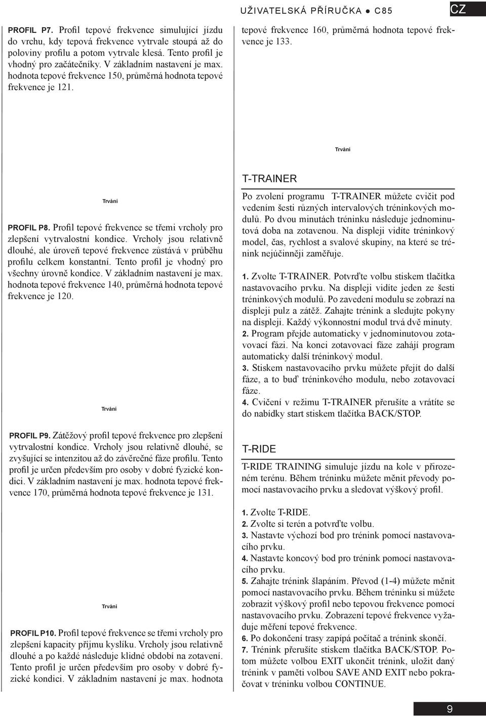 tepové frekvence 160, průměrná hodnota tepové frekvence je 133. Trvání Trvání PROFIL P8. Profil tepové frekvence se třemi vrcholy pro zlepšení vytrvalostní kondice.