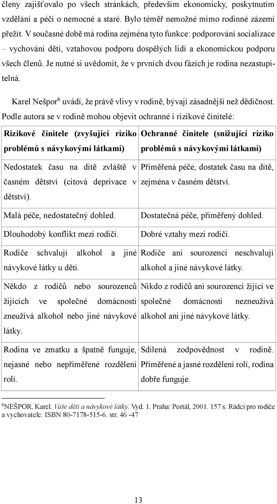 Je nutné si uvědomit, že v prvních dvou fázích je rodina nezastupitelná. Karel Nešpor 6 uvádí, že právě vlivy v rodině, bývají zásadnější než dědičnost.