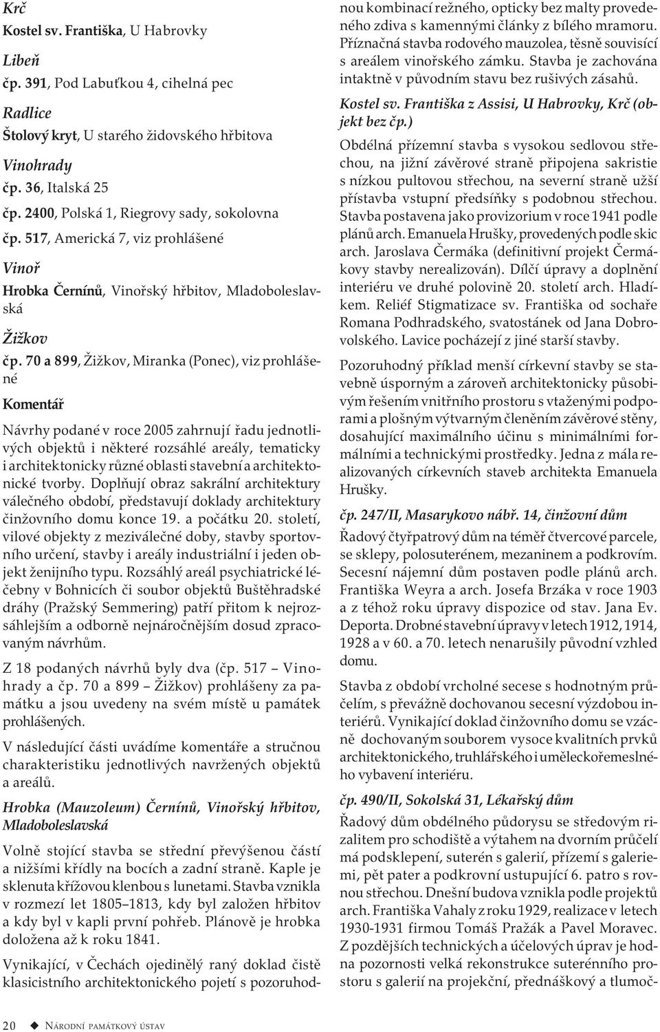 70 a 899, Žižkov, Miranka (Ponec), viz prohlášené Komentář Návrhy podané v roce 2005 zahrnují řadu jednotlivých objektů i některé rozsáhlé areály, tematicky i architektonicky různé oblasti stavební a