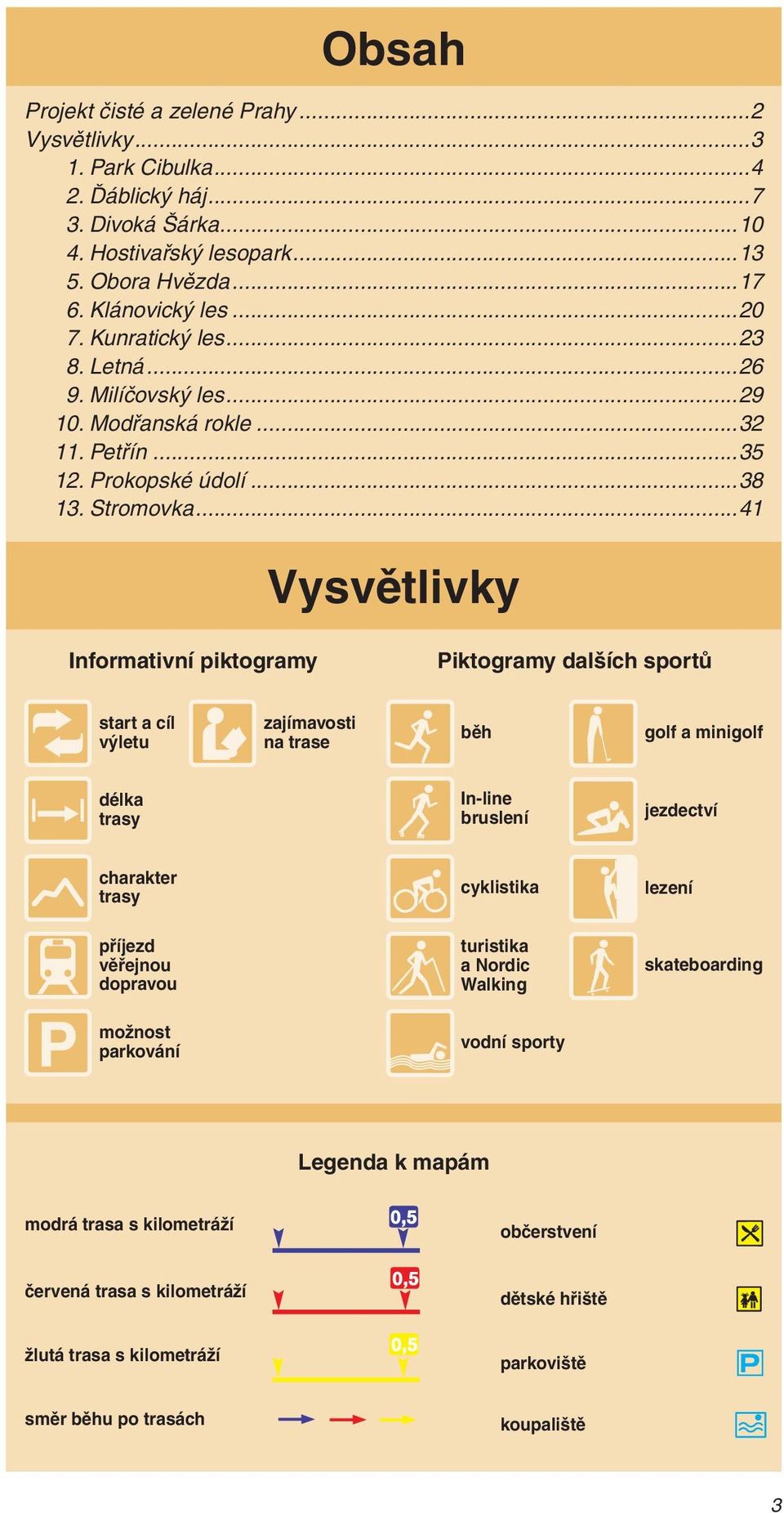 ..41 Vysvětlivky Informativní piktogramy Piktogramy dalších sportů start a cíl výletu zajímavosti na trase běh golf a minigolf délka trasy In-line bruslení jezdectví charakter trasy cyklistika