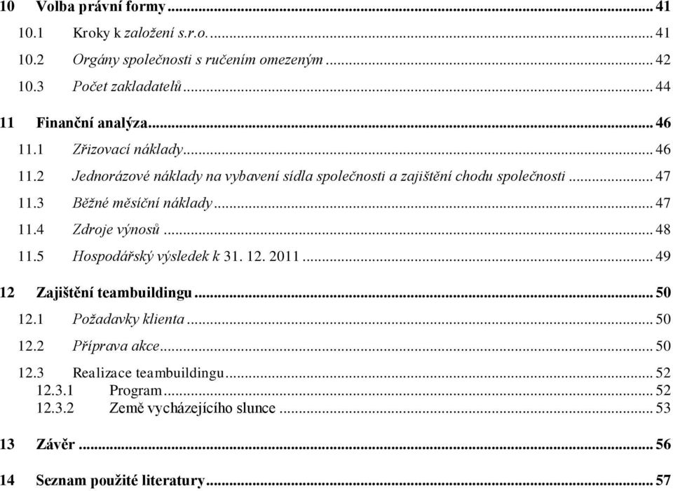3 Běžné měsíční náklady... 47 11.4 Zdroje výnosů... 48 11.5 Hospodářský výsledek k 31. 12. 2011... 49 12 Zajištění teambuildingu... 50 12.
