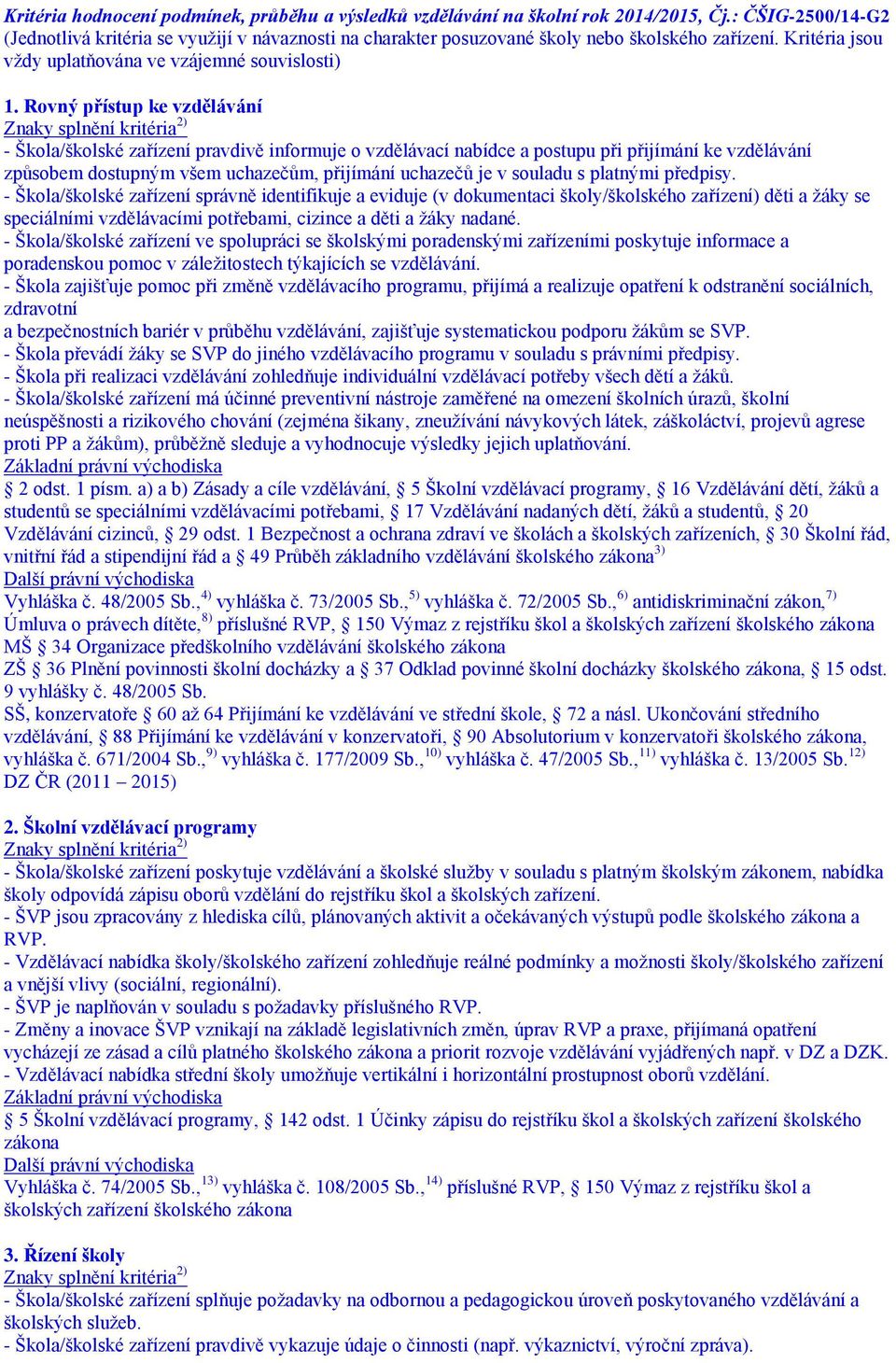 Rovný přístup ke vzdělávání - Škola/školské zařízení pravdivě informuje o vzdělávací nabídce a postupu při přijímání ke vzdělávání způsobem dostupným všem uchazečům, přijímání uchazečů je v souladu s