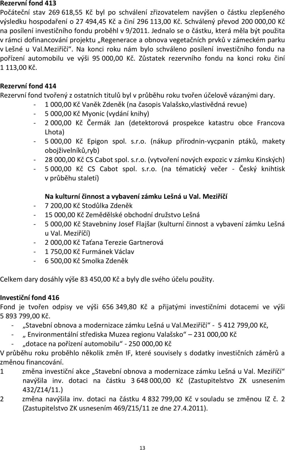 Jednalo se o částku, která měla být použita v rámci dofinancování projektu Regenerace a obnova vegetačních prvků v zámeckém parku v Lešné u Val.Meziříčí.