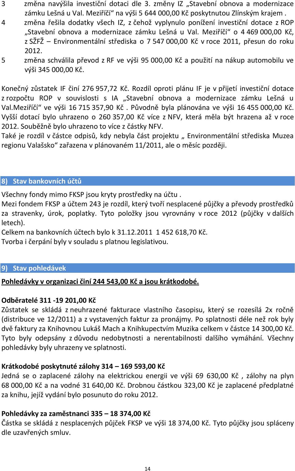 Meziříčí o 4 469 000,00 Kč, z SŽFŽ Environmentální střediska o 7 547 000,00 Kč v roce 2011, přesun do roku 2012.