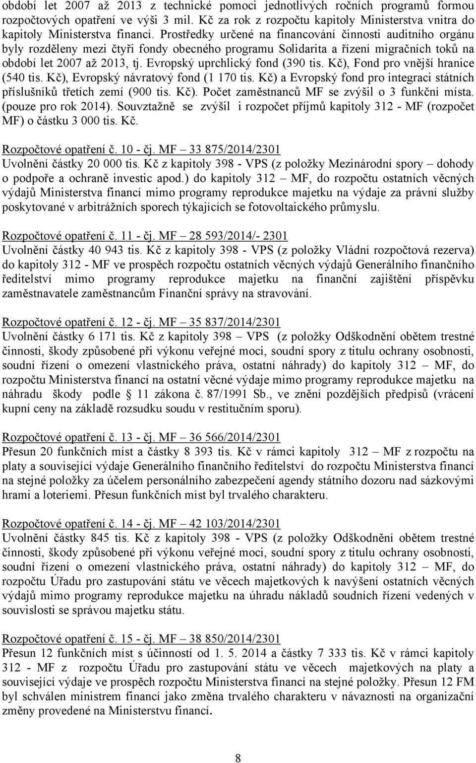 Evropský uprchlický fond (390 tis. Kč), Fond pro vnější hranice (540 tis. Kč), Evropský návratový fond (1 170 tis. Kč) a Evropský fond pro integraci státních příslušníků třetích zemí (900 tis. Kč). Počet zaměstnanců MF se zvýšil o 3 funkční místa.