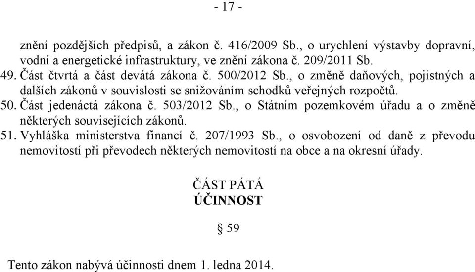 503/2012 Sb., o Státním pozemkovém úřadu a o změně některých souvisejících zákonů. 51. Vyhláška ministerstva financí č. 207/1993 Sb.